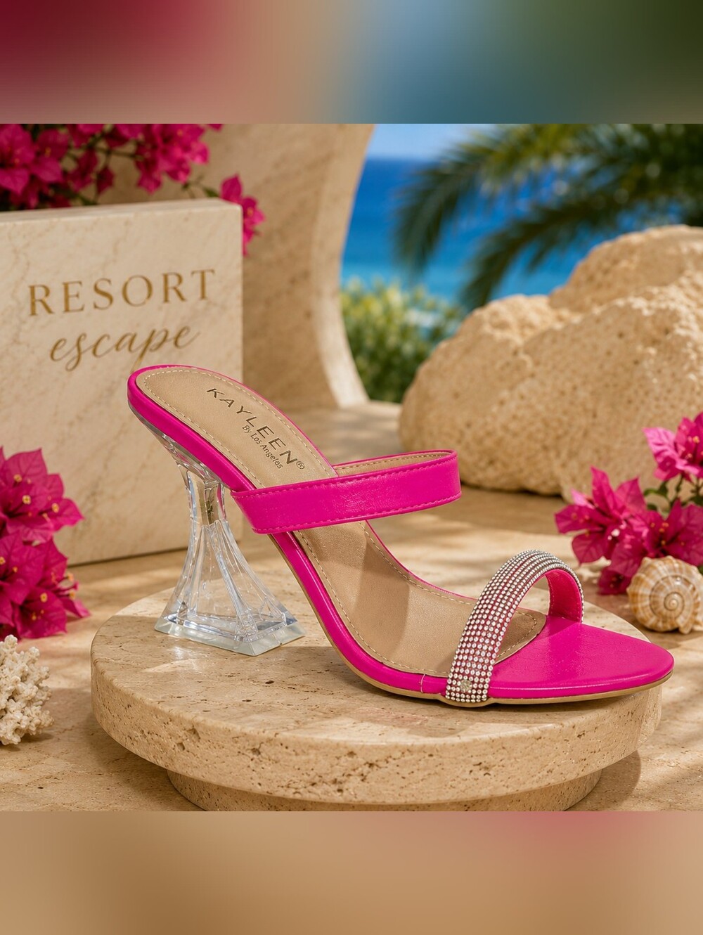 Hot Pink Rhinestone Accent Slide Sandals W/ Acrylic Heel